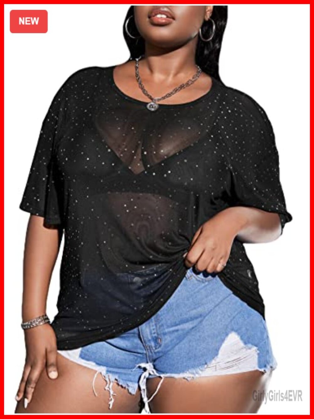Plus Size Mesh Sequin Top Half Sleeve Concert Outfit Sparkly Shirt